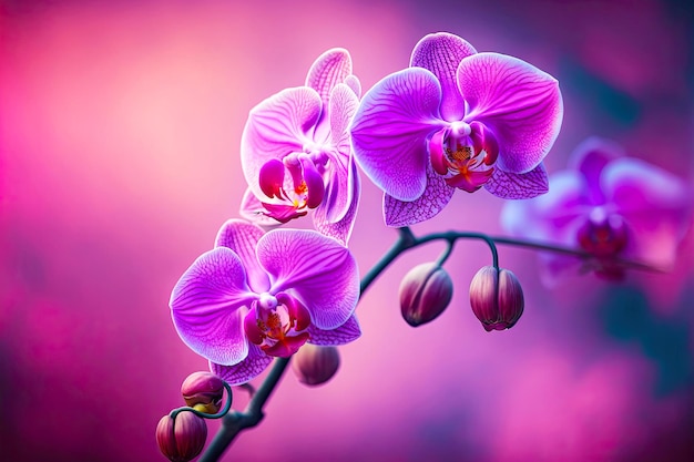 Розовые цветы орхидеи на размытом фиолетовом фоне