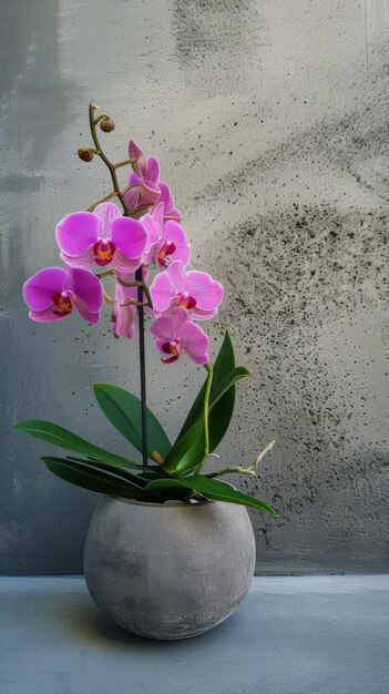 Photo pink orchid in a gray concrete pot against a textured wall
