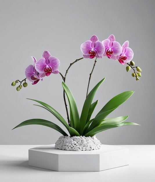 a pink orchid plant in a white square vase