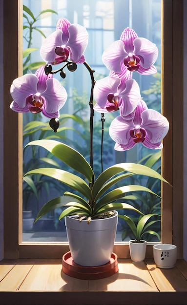 a pink orchid in a white pot with a window behind it