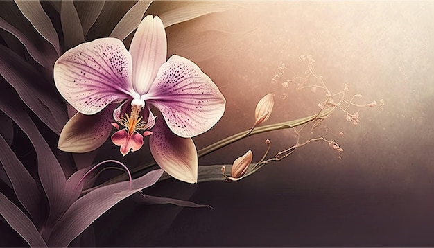 A pink orchid with a gold leaf on it