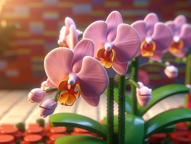 A pink orchid with a red and orange flower on it.