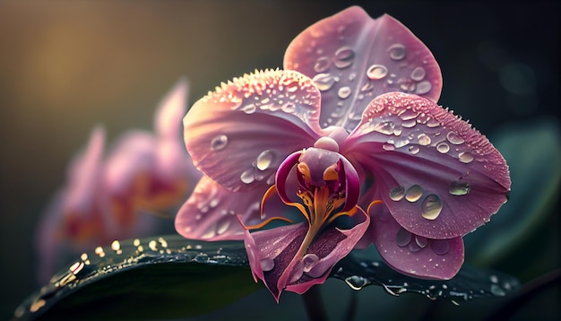 A pink orchid with water drops on it