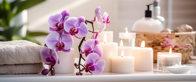 Photo pink orchids white soap candles on a table