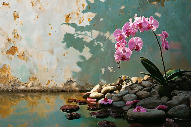 Розовые орхидеи и дзен-камни на фоне старой стены