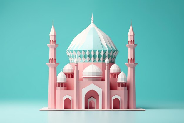 Pink Origami Mosque on blue background Eid Mubarak Ramadan Kareem concept