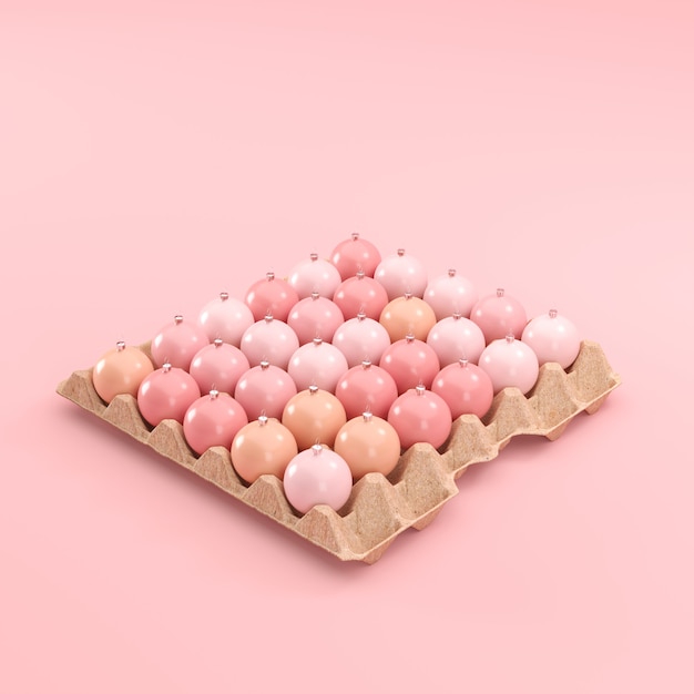 Pink Ornaments color put on egg panel pink background. Christmas Minimal Easter idea concept. 3D Render