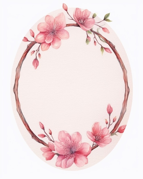 Photo pink oval frame with a branch of cherry blossoms.