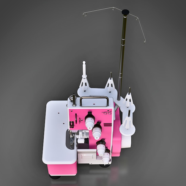 Pink overlock on a grey background. Equipment for sewing production. Sewing clothes and textiles. 3d illustration.