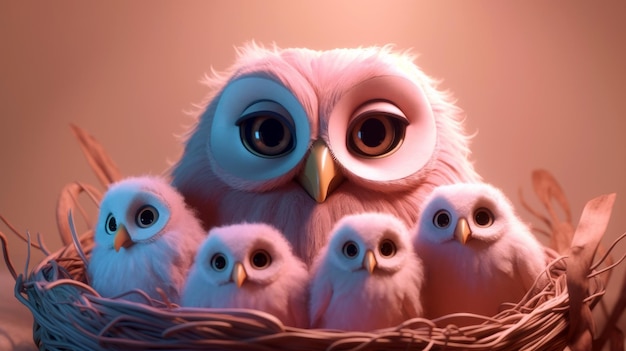 A pink owl with her babies