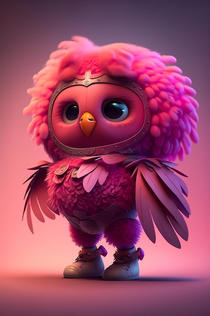 A pink owl with a pink helmet and big eyes stands on a pink background