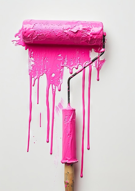 A pink paint roller with a white background