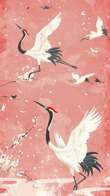 Photo pink paint with white cranes and dragonflies
