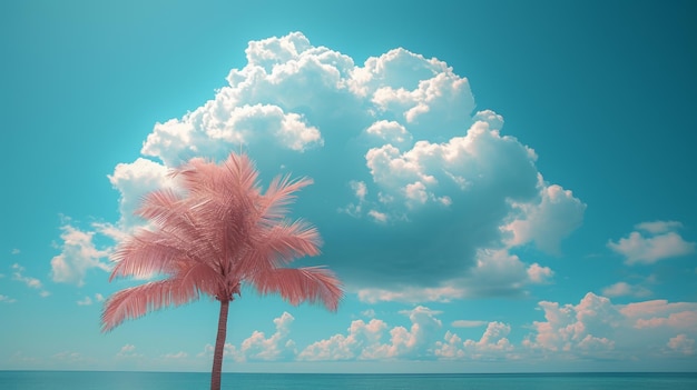 Розовая пальма на синем небе с облаками