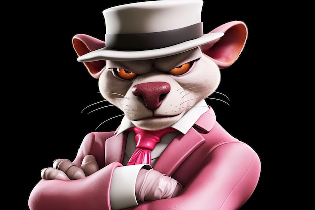 Pink panther cartoon character gangster in neon bar illustration generative ai