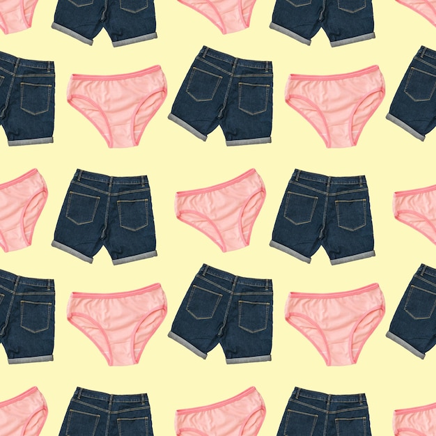 Premium Photo  Pink panties and denim shorts on a light background