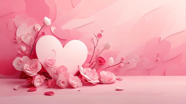 Pink paper art love and heart shape with flower and couple colorful paper style