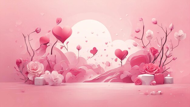 Pink paper art love and heart shape with flower and couple colorful paper style