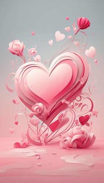 Pink paper art love and heart shape with flower and couple colorful paper style