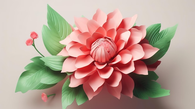 Розовый бумажный цветок 3d иллюстрация ботанический клип яркий цвет Generative Ai
