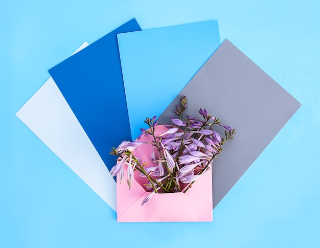 Фото Розовый бумажный конверт со свежими яркими садовыми цветами и пустыми бумажными листами на голубом фоне. праздничный цветочный шаблон. дизайн поздравительной открытки. вид сверху.