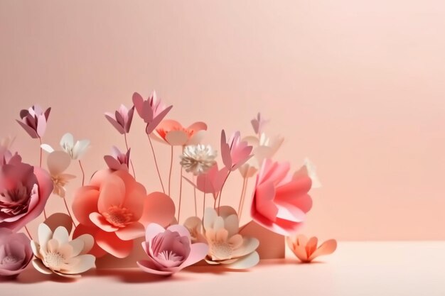 A pink paper flower arrangement with a heart on the top.