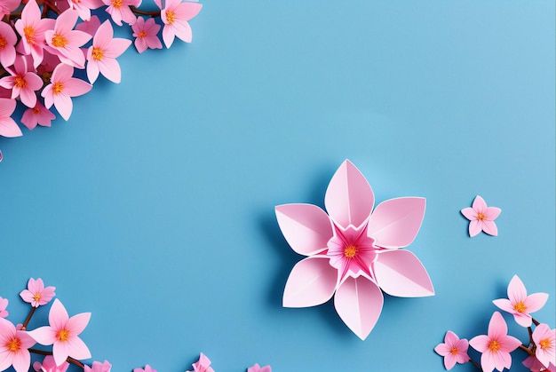 Pink paper flowers on a blue background