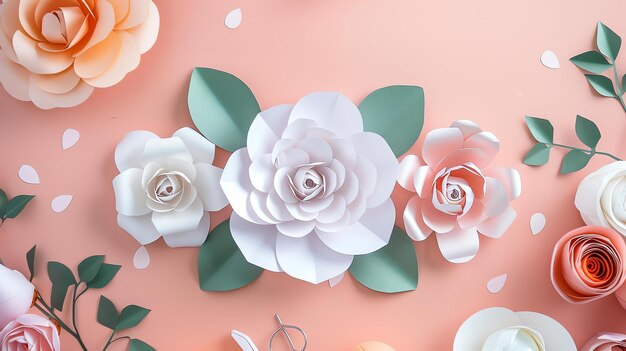 Photo pink paper flowers of different sizes with green leaves on a pink background