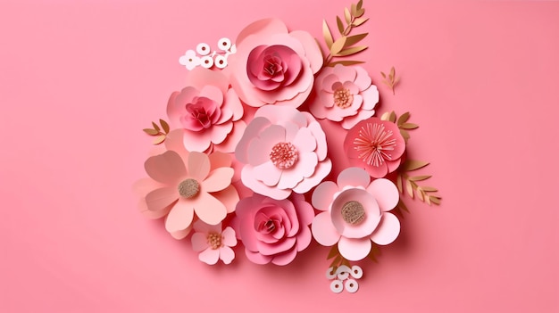 Розовые бумажные цветы на розовом фоне