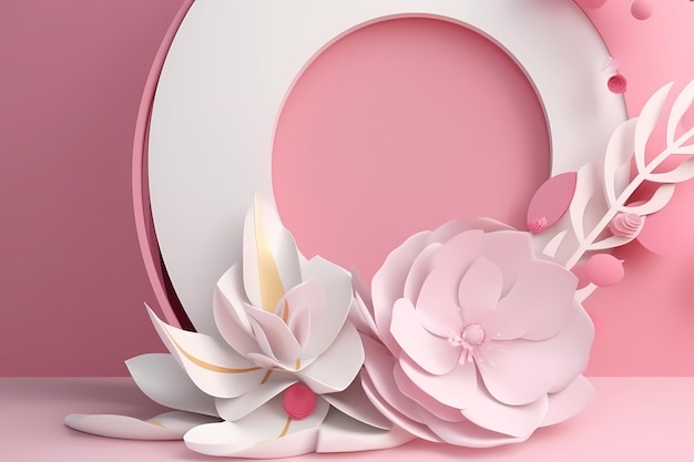 Pink paper flowers with a round plate on a pink background