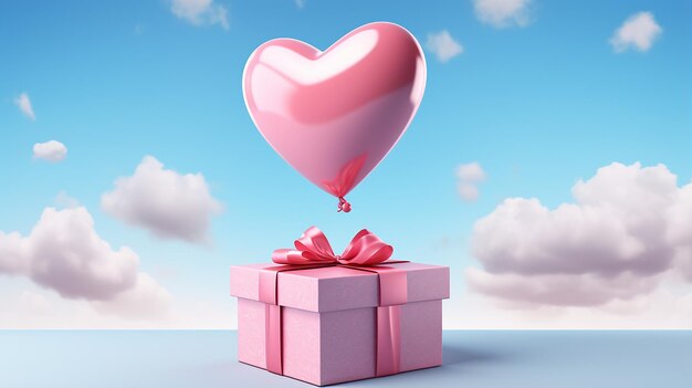 Pink paper gift box flying in sky heart balloon