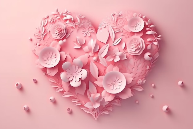 Pink paper heart with flowers on a pink background