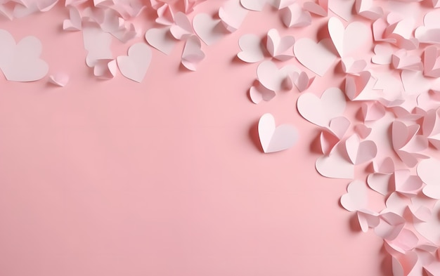 Розовые бумажные сердечки на розовом фоне