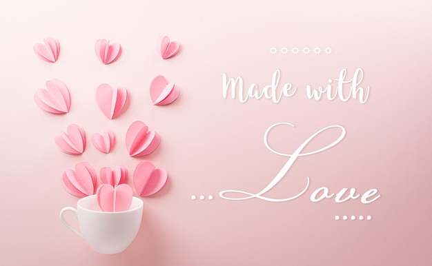 사진 분홍색 종이 마음은 파스텔 분홍색 종이 배경에  ⁇ 색 커피 컵에서 스플래시 사랑과 발렌타인 데이 컨셉