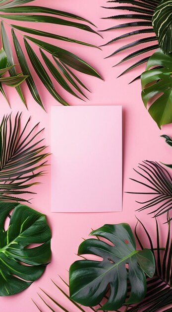 Foto a pink paper surrounded by green leaves