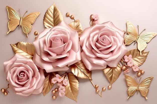 Foto una carta rosa con foglie d'oro e rose