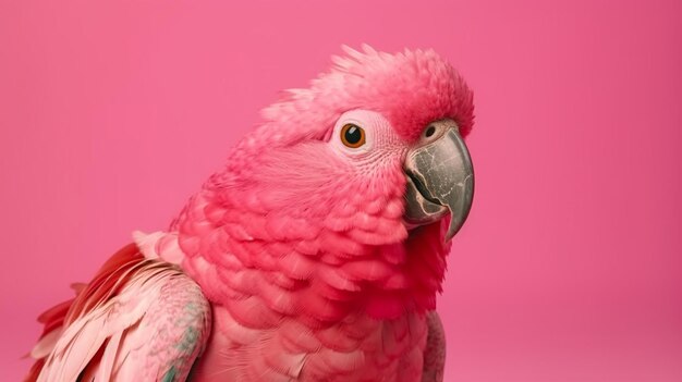 A pink parrot with a pink background