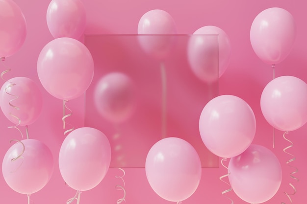 Pink party balloons with glass morphism 3d rendering