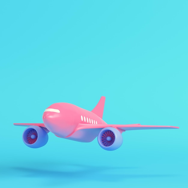 Pink passenger airplane on bright blue background in pastel colors