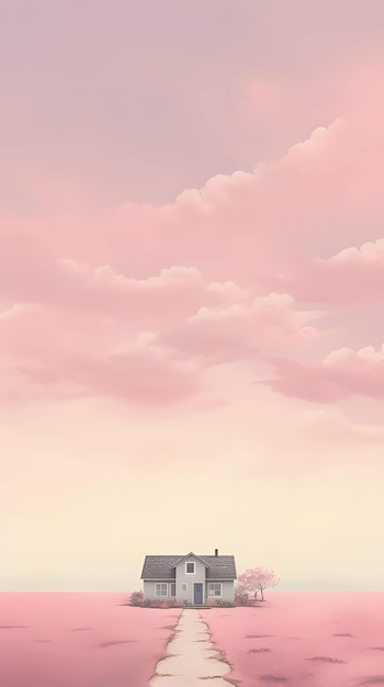 Pink pastel mystical landscape with a small house building hd wallpaper ai generated