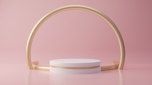 Pink pastel product stand with gold ring on background