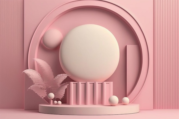 パステル背景 3 D レンダリングの化粧品プロモーションのピンク パステル丸みを帯びた表彰台