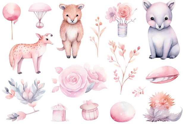 Фото Розовые пастельные акварели предметы и украшения животные клипарт