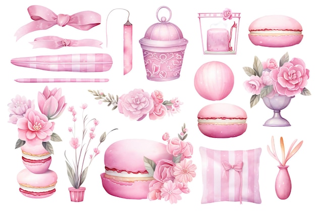 Photo pink pastel watercolor objects and decorations animals clipart