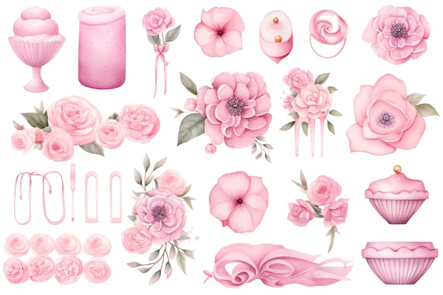 Photo pink pastel watercolor objects and decorations animals clipart