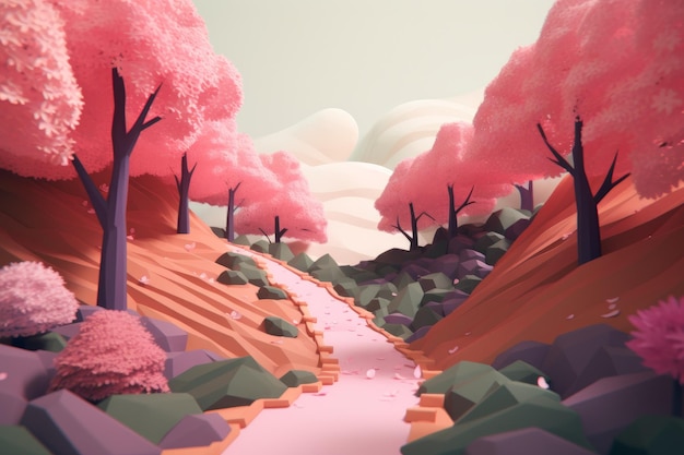 A pink path through a forest with a pink path.