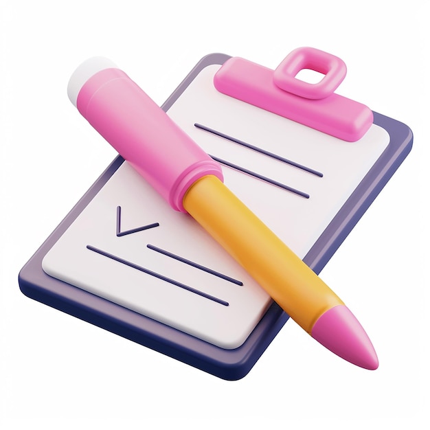 a pink pen is on top of a white and blue notebook