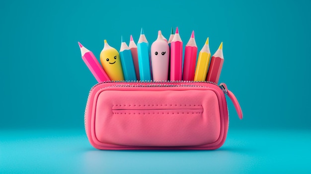 a pink pencil case with a smiley face on it