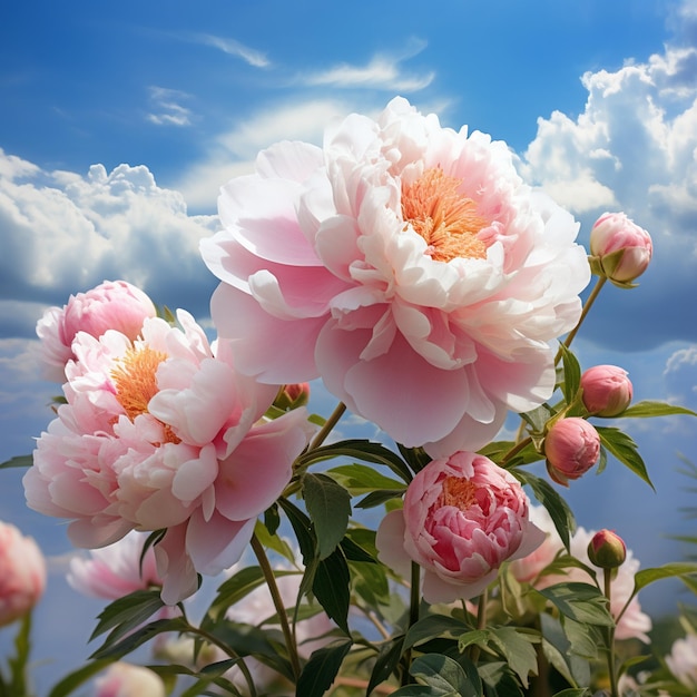 Розовые пионы на фоне голубого неба