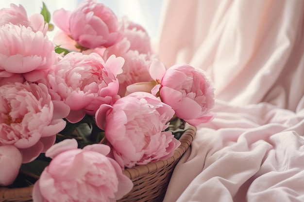 pink peonies in the basket on a bed